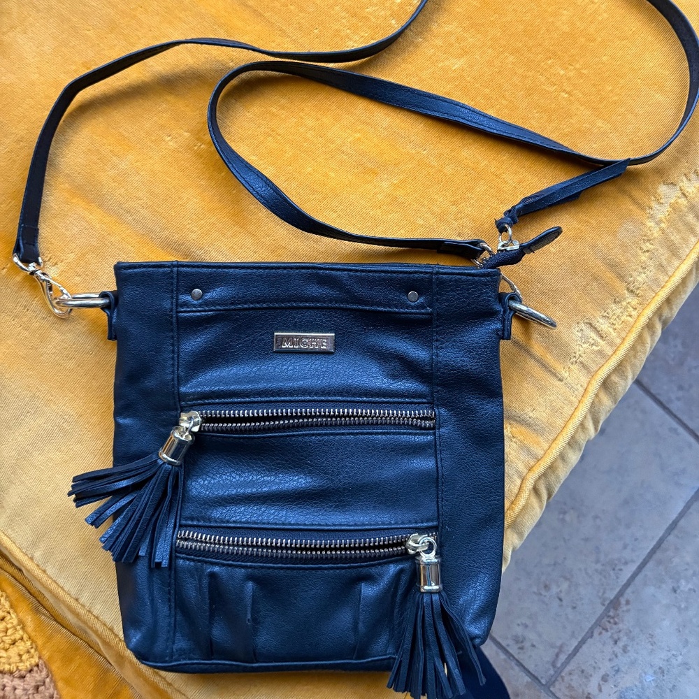 Miche Crossbody Hip Bag Purse MORGAN Black Vegan Faux Leather Tassels Boho